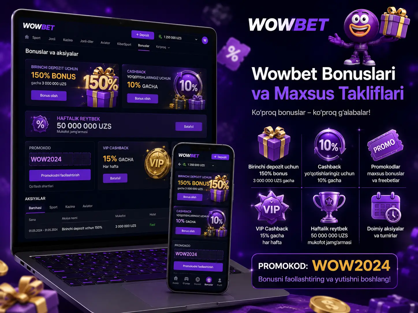 Bonus va aksiyalari Wowbet 2026